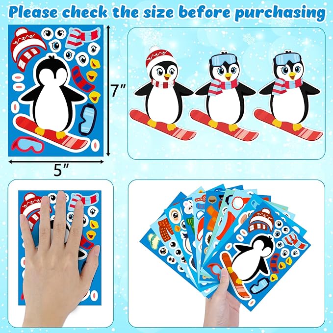 60sheets winter animal stickers crafts bulk, christmas make- a- penguin/fox/owl/reindeer face sticker holiday gifts goodie bag stuffer activity games party favors(small size)