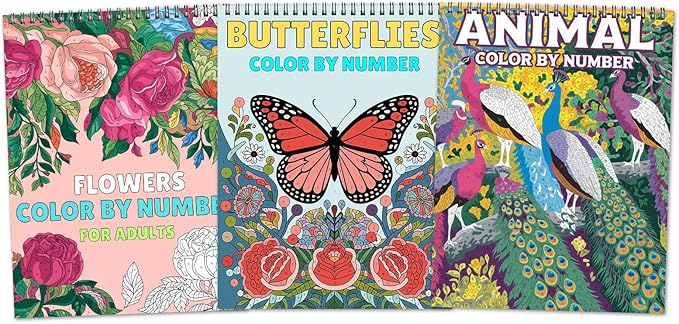 Ilyever 3 Pack Color by Number,Stress Relief Coloring Books for Adults,Spiral Bound Coloring Books for Women,Include 60 Patterns of Butterfly, Flowers,Animals for Adult Relaxation