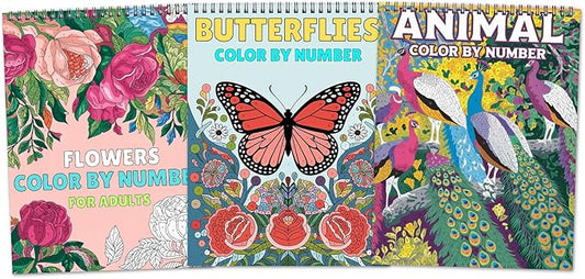 Ilyever 3 Pack Color by Number,Stress Relief Coloring Books for Adults,Spiral Bound Coloring Books for Women,Include 60 Patterns of Butterfly, Flowers,Animals for Adult Relaxation