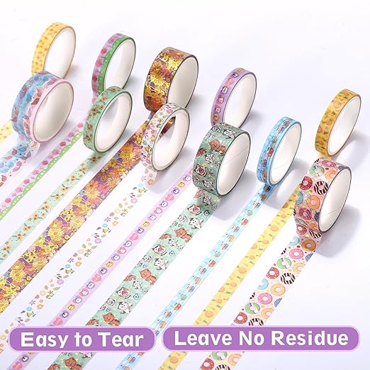 Naler Washi Tape Set,18 Rolls Cute Decorative Tape, Flora Animals Fruits Adhensive Tape, Writable Tape for Bullet Journal Supplies, Gift Wrapping, Scrapbook Supplies