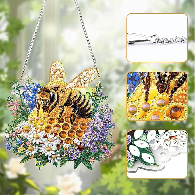 Lxmsja DIY Elegant Bee Diamond Painting Hanging Ornament, Double-Sided Acrylic Honeycomb Diamond Art Kit, Special Shaped Suncatcher Hanging Pendant Window Art Kit