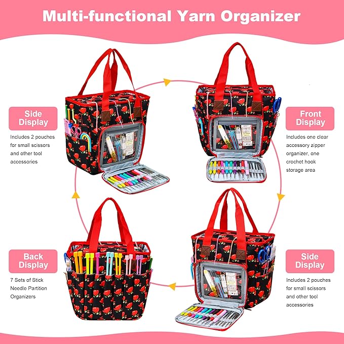 LOOEN Knitting Tote Bag with Yarn Hole, Crochet Bag Storage Organizer, Knitting Bag with Hole,Crochet Storage（Dainty Rose）