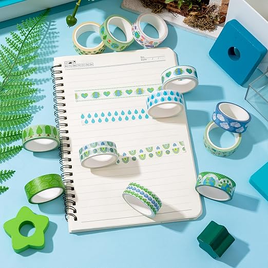 Earth Day Washi Tape - 12 Rolls Eco-Friendly Tree Raindrop Rainbow Scrapbook Washi Masking Decorative DIY Crafts Tape Set School Office Teacher Scrapbooking Junk Journal Journaling Supplies