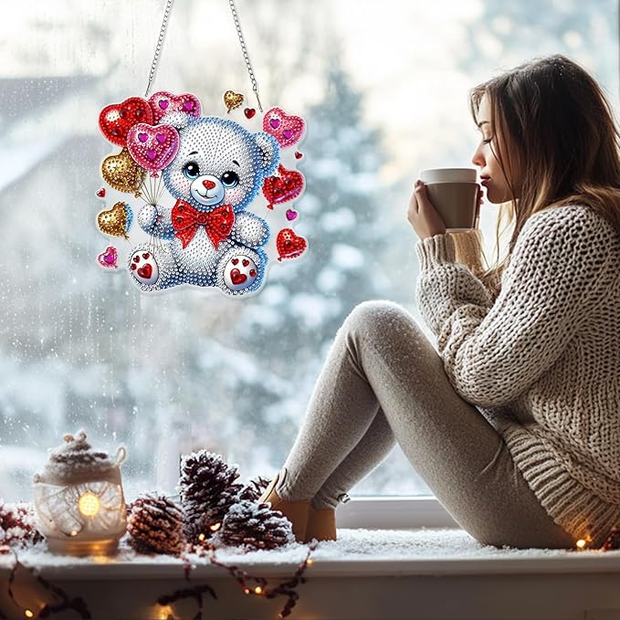 GHHKUD Bear Diamond Art Hanging Kit for Adults, DIY Double Sided Diamond Painting Hanging Valentines Kits Adults, Special Shaped Acrylic Ornaments Pendants for Window Home Garden Wall