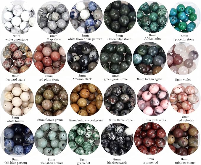 500pcs 8mm Natural Round Stone Beads,Multiolor Crystal Energy Stone，Loose Gemstone Accessories Hole Size 1mm,DIY Smooth Beads Necklace Bracelet for Jewelry Making,(8MM-24Colors Materia-A)