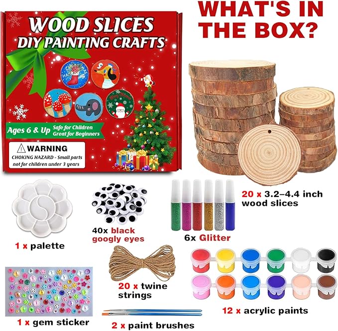 Collabell Christmas Ornament Craft Kit - 20Pcs Natural Round Wood Slices with Painting Supplies for Family, Make Your Own Wood Xmas Tree Decorations, DIY Homemade Wooden Ornaments & Holiday Decor