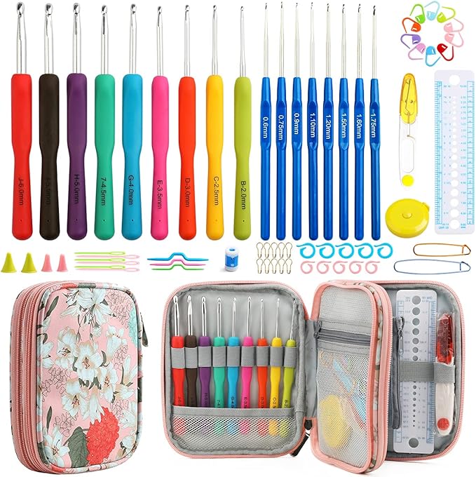 Looen Crochet Hooks Set-Yarn Needles Coloured Aluminum with Storage Case Rubbery Handle Ergonomic Comfort Grip DIY Craft Handmake Kit 47pcs