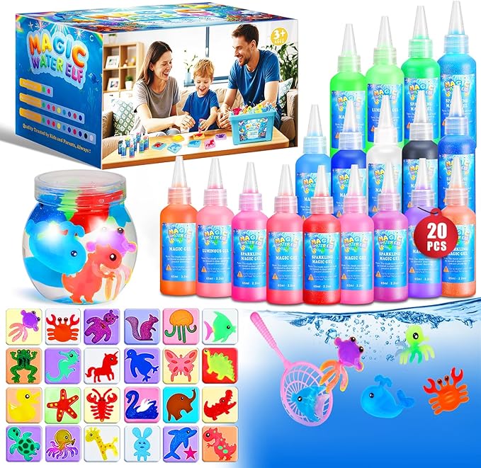 poonoo crafts kits toys - birthday gifts for girls & boys 6-12, 25 molds 20 colors magic water elf toy kit, aqua fairy water gel kit for kids, diy squishy maker, make your own water pets