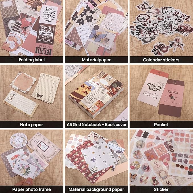 Upgraded Scrapbook Photo Album Supplies Kit with Tweezers and Glue Tape – Vintage Aesthetic Junk Journal Kit, Large Scrapbooking Paper, Sticker Pack, Notebook, DIY Craft, Gift for Adults (Goodtime)
