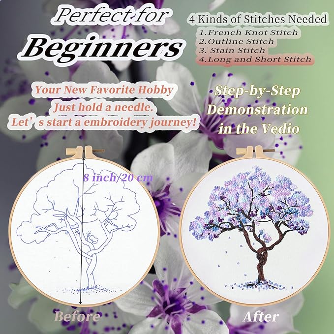 FONNUY Crewel Embroidery Kit for Beginners, Seasonal Tree Pre-Stamped Pattern Kits for Adults with Hoop, Easy to Follow Color Thread Needlework, 8'' (Purple)