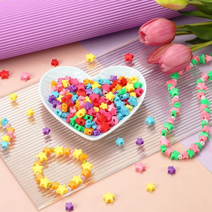 Augshy 700Pcs Star Pony Beads - Large Hole Star Shape Spacer Rainbow Beads for Birthday, 4th of July, Pride Party Decorate, Jewelry Making, Necklace, Friendship, Hair