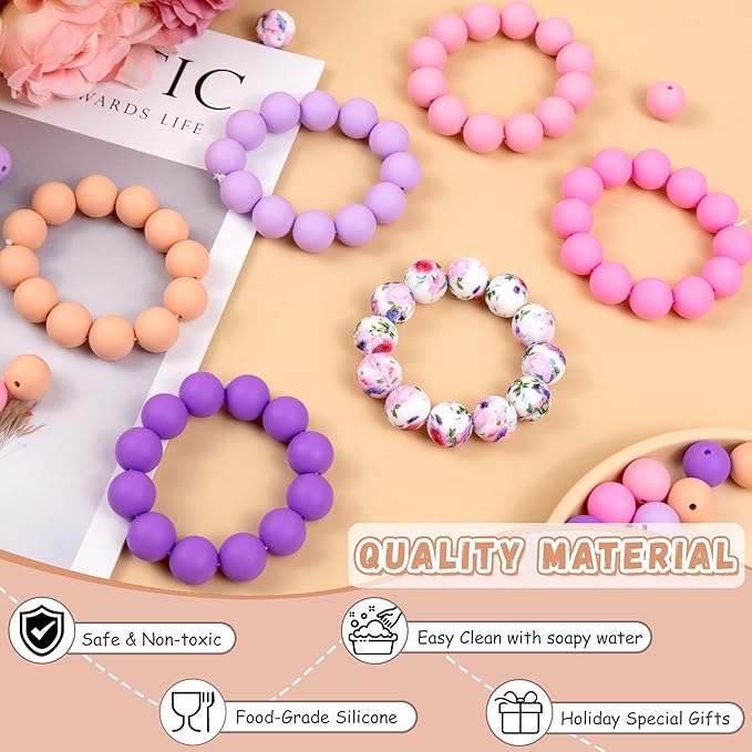 120 Pcs 15mm Silicone Beads for Keychain Making Bracelets Pink Purple Printed 6 Mixed Colors Silicone Round Beads Bulk for Crafts Pens Making
