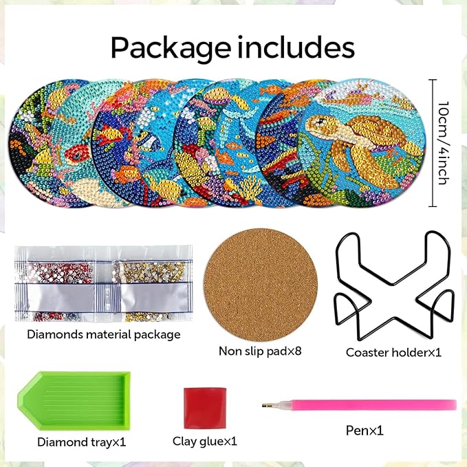 EWJRNSF 8 PCS Small Diamond Art Coasters Kits, Diamond Painting Coasters, Fall Diamond Art Kits for Adults Beginners, Arts and Crafts Item Sets with Holder for Drinks Ocean Style