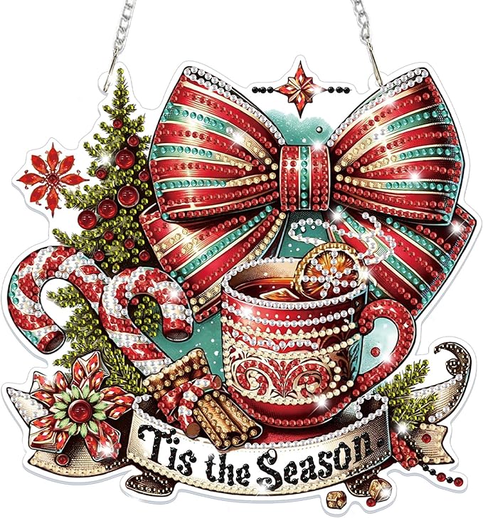 Bowetile Christmas Diamond Art Hanging Kits for Adults, Diamond Art Suncatchers Hot Tea, 5D Special Shape Diamond Painting Pendant Window Ornament Christmas Gifts for Home Door Wall Decor