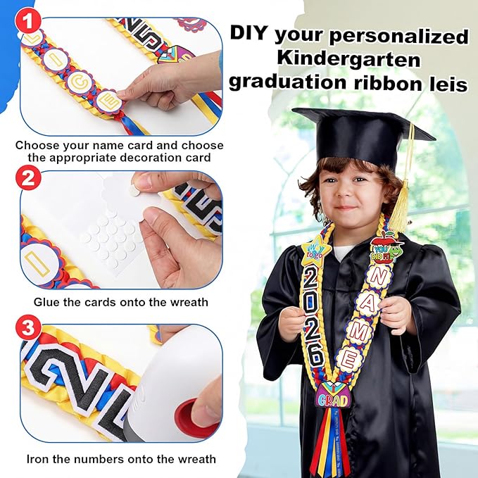 Juexica Kindergarten Graduation Ribbon Leis Class of 2026 Braided Necklace Making Kit with Alphabetic Decorative Cards Preschool Kids Grad Graduation Party Gifts(Red, Yellow, Blue)