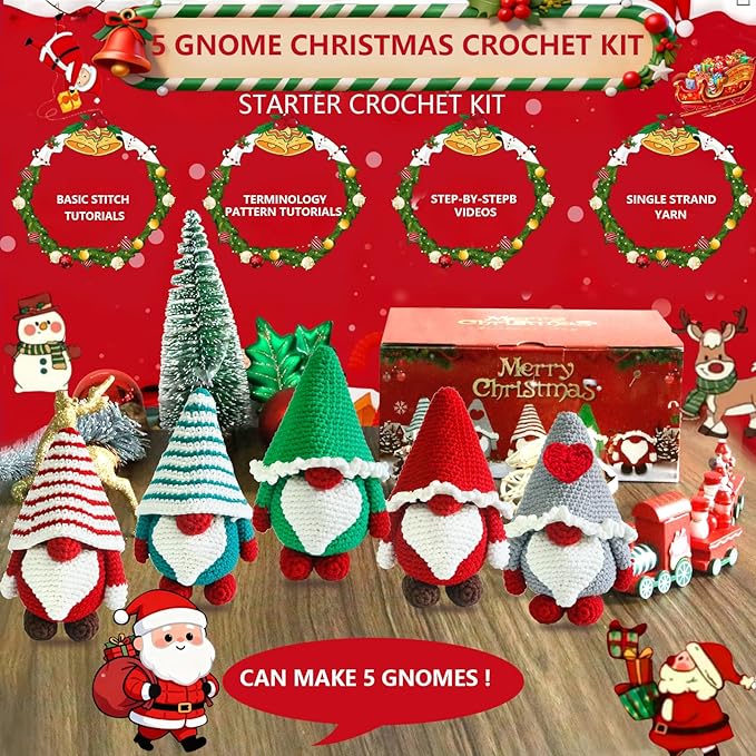 AUGVO Christmas Crochet Kit for Beginners, Crochet Starter Kits for Adults, Amigurumi Craft Knitting Crochet Animals Kits with Step-by-Step Video Tutorials, 5 Pack Gnome