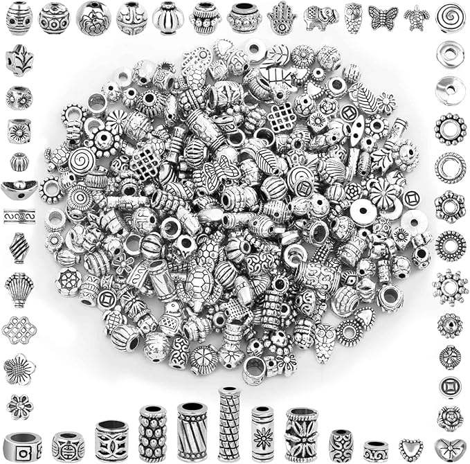 350 Pcs Silver Spacer Beads for Jewelry Making, Mixed Bulk Random Styles Metal Beads for Bracelets, Necklace, Earring Jewelry Making