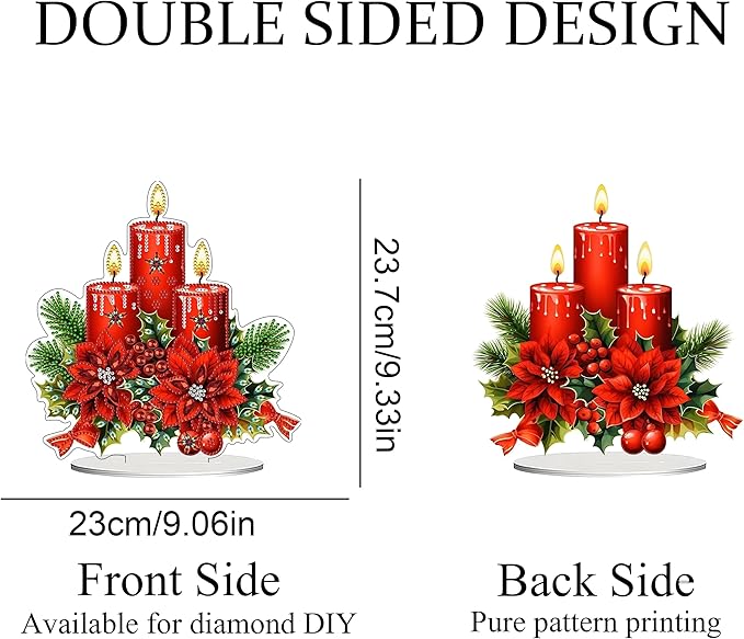 JJFox DIY Tabletop Diamond Art Painting Kit，Double Sided Desktop Ornament Special Shaped Rhinestone Desk Placement Ornament，Home Stand Up Gem Painting Craft Kit，Gift (Christmas Candle)