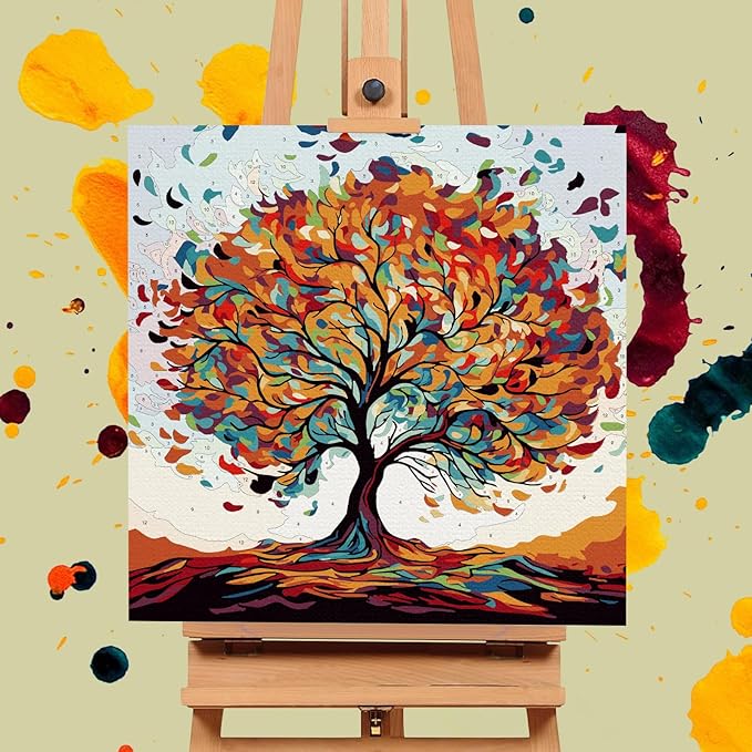 Framed Paint by Numbers Kit for Adults Beginners & Kids Ages 8-12, Tree of Life Acrylic Easy Paint by Number with Frame, Watercolor Paint by Number Kits on Canvas Framed (12 * 12 Inch, Without Easel)