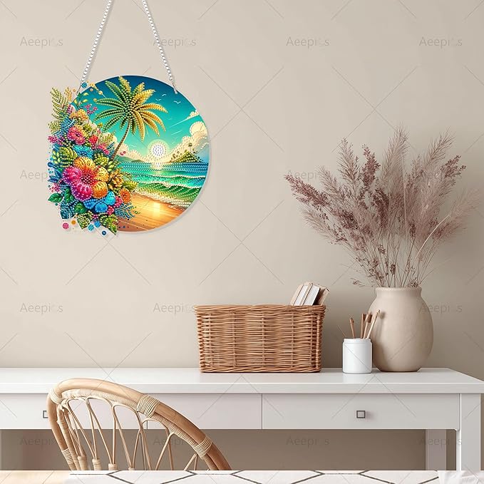 Aeepics Hanging Diamond Art Kit for Adult, DIY Diamonds Painting Pendant Ornament Kit, Acrylic Diamond Art Painting Board Kit (Beach)