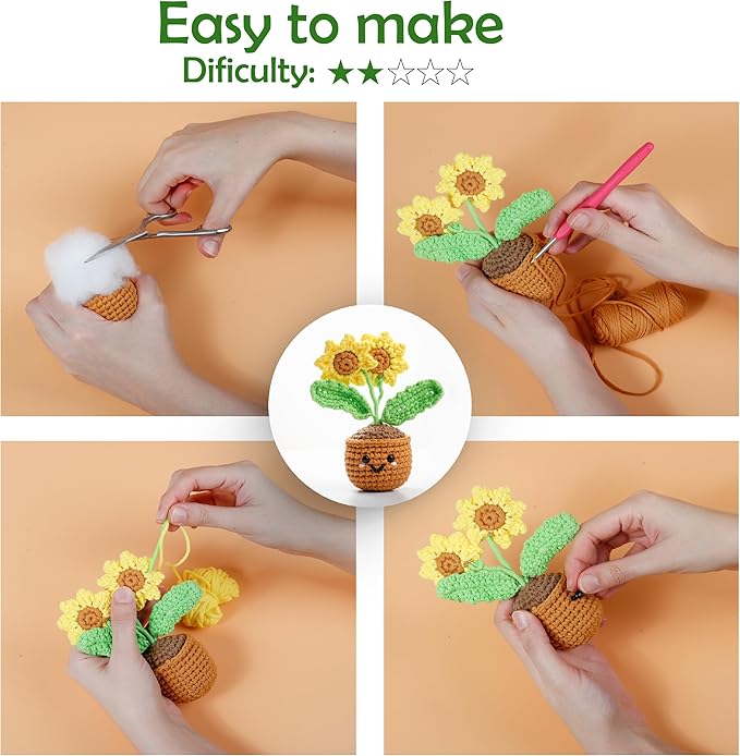 A-URA Learn to Crochet Kit for Beginners Kids and Adults, Premium Pattern Sunflower Beginner Crochet Kits with Easy Tube Yarn & Step-by-Step Video Tutorials