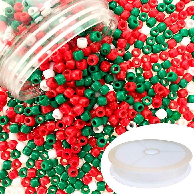 llxieym 1200 pieces plastic round christmas pony beads craft beads for diy craft making with elastic string (red, green, white)
