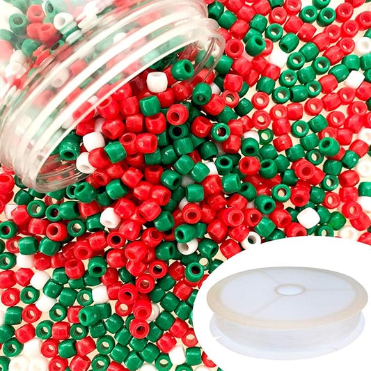 llxieym 1200 pieces plastic round christmas pony beads craft beads for diy craft making with elastic string (red, green, white)