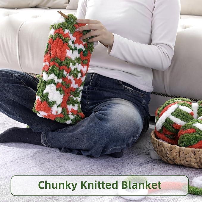 HOMBYS Chunky Tie Dye Mix Chenille Yarn for Hand Knitting, Super Bulky Jumbo Yarn for Crocheting, 3/4" Thick Soft Plush Yarn for Blankets, 8 Skein Pack (26 yds / 7.5 oz Each) Red Green White