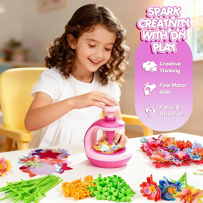 fabric flower bouquet craft kit for kids, diy arts & crafts toy to make your own flower wreaths & reusable felt flowers, educational birthday gift for girls boys ages 4–10