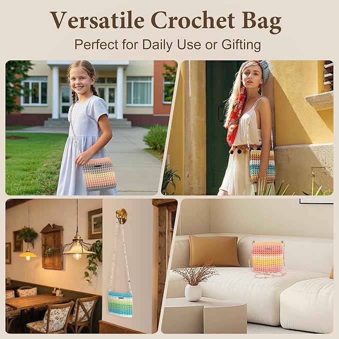 CrochEaze Crochet Kit for Beginners, Crochet Tote Bag Set with Step-by-Step Video Tutorials, Including Gradient Color Yarn, Crochet Hook, Heart-Shaped Bag Strap (Cyan)