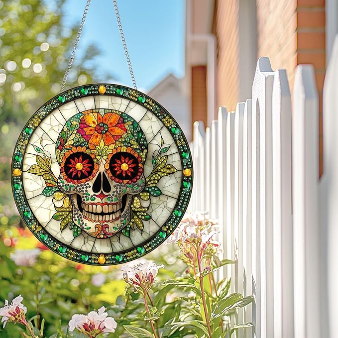Wergund 5D DIY Skull Diamond Art Hanging Kits, Hanging Diamond Art, Acrylic Special Shaped Rhinestone, Window Hanging Pendants for Home Wall Garden Front Door Outdoor Decor Gift
