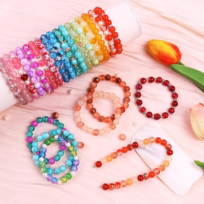 2080Pcs 8mm Glass Beads for Jewelry Making, 72 Colors Crystal Beads Bracelet Making Kit, Round Glass Beads for Bracelets and DIY Crafts, Solid, Crackle and Marble Colors, 3 Box