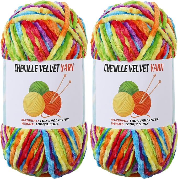 2 * 100g Velvet Chenille Chunky Yarn, Handcrafts Weaving Soft Chenille for Crocheting Clearance, Used for Making Baby Yarn Blanket, Clothes, Knitting Creations (Bright Rainbow)