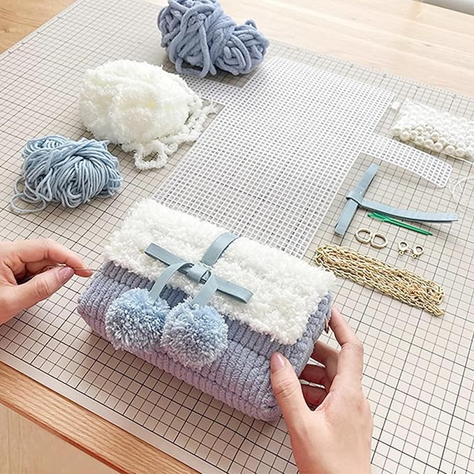Allazone 58 PCS Clear Plastic Mesh Canvas Sheets for Embroidery, Plastic Mesh Sheets Plastic Canvas with 12 Color Acrylic Yarn for DIY Sewing Bag