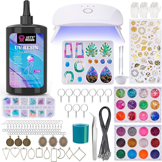 LET'S RESIN UV Resin Jewelry Making Kit - 153Pcs Crystal Clear 250g UV Resin Kit with Light, UV Resin Molds, Resin Starter Kit for Beginners, Keychain&Earring Making, Craft Decor