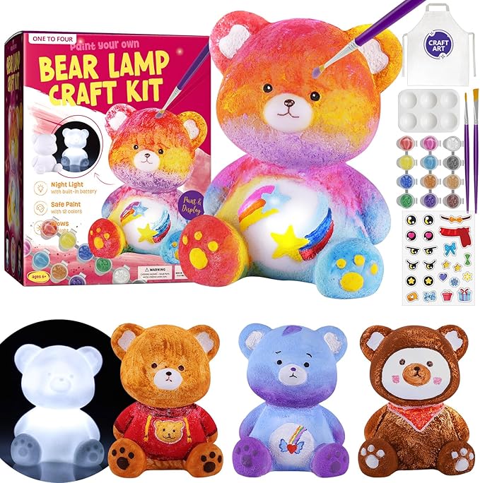 paint your own bear lamp kit, art supplies bear painting kit for kids 6-12, arts and crafts for kids ages 8-12, bear toy girls boys halloween birthday christmas gifts ages 3 4 5 6 7 8 9 10 11 12+