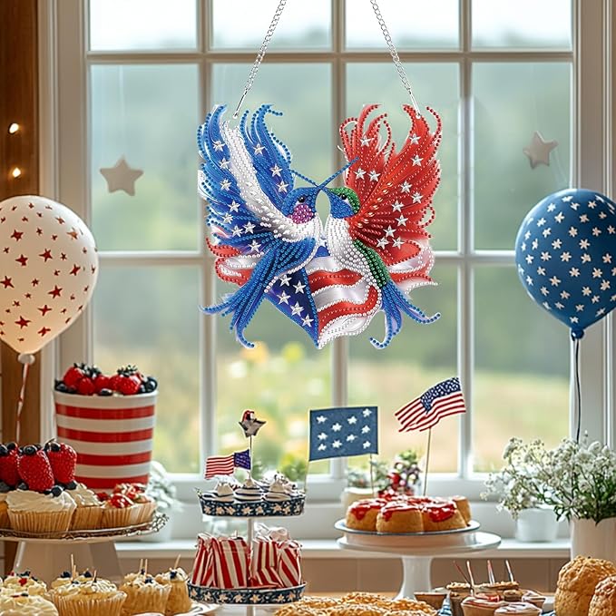 Bowetile Independence Day Birds 5D Diamond Art Hanging Kits for Adults, 4th of July Diamond Painting USA Window Pendant Kits, Special Shape Gem Art Suncatcher Ornament for Home Garden Wall Decor