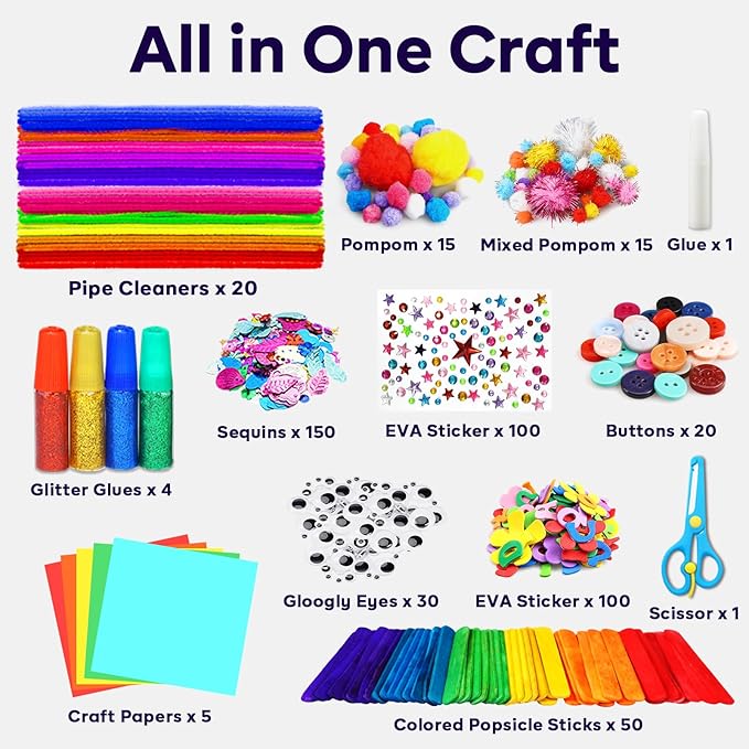 FUNZBO Arts and Crafts Supplies for Kids-Easter Craft Kit with Glitter Glue Stick,Pipe Cleaners Pom Poms Craft Tools,DIY School Supplies Kit, Girls Toys, Birathday Gifts for Girls Boys Age 4+
