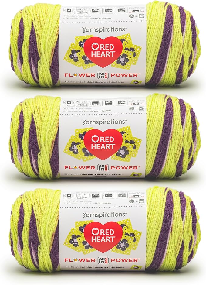 Red Heart All in ONE Flower Power Dapper Daphne Yarn - 3 Pack of 8.8oz/250g - 100% Acrylic - #4 Worsted (Medium) - 440 Yards - Knitting/Crochet