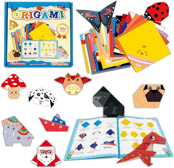 Origami Paper origami for Kids 5-8, foldology for kids100 Sheets Folding Paper (45Patterns×2+10Blank) with clear Guiding Book, Animals Dinosaur Art Activity DIY Craft Set Gifts