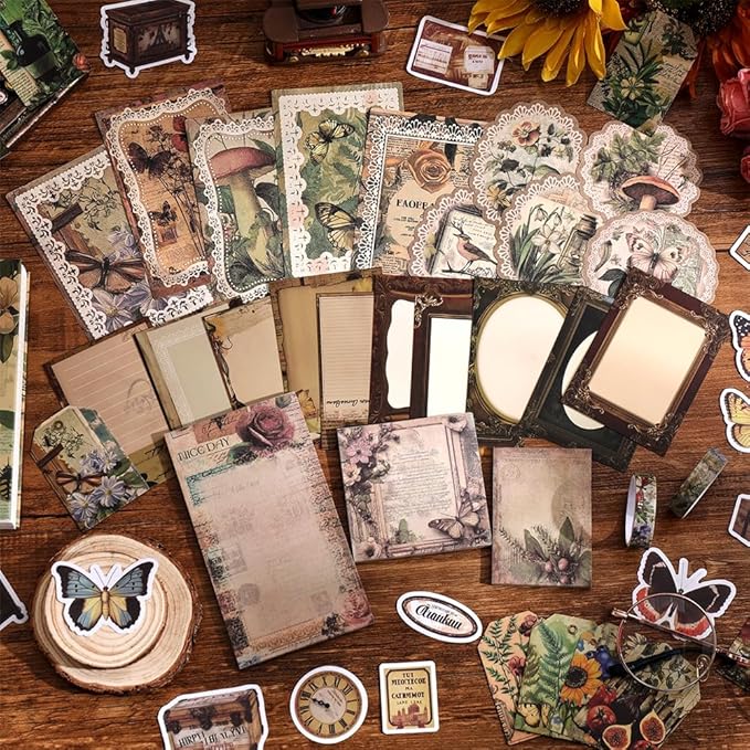 icceemee Scrapbooking Supplies Kit, Brown Garden Scrapbooking Kit for Bullet Junk Journaling, Stationery, A6 Grid Notebook, Flower DIY Journaling Supplies, Birthday Craft Gift for Teen Girls