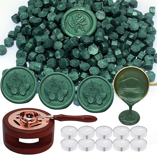 Wax Seal Beads Kit - 300pcs Pine Green Sealing Wax Beads with Wood Melting Warmer, Spoon & 10 Mini Candles for Stamp Seals, Wedding Invitation, Envelope, Cards, Gift Wrapping Decorations
