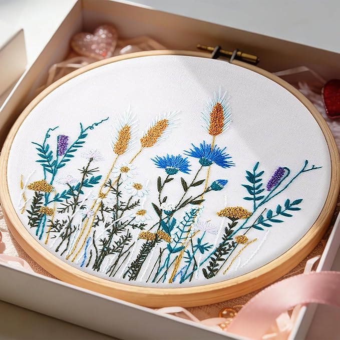 Crafmanoe Flower Embroidery Kits for Beginners Adults, Hand DIY Embroidery Starter Kits, Floral Stamped Cross Stitch Kits for Beginners Adults Craft Kits for Women, Embroidery Hoops, Fabric and Thread