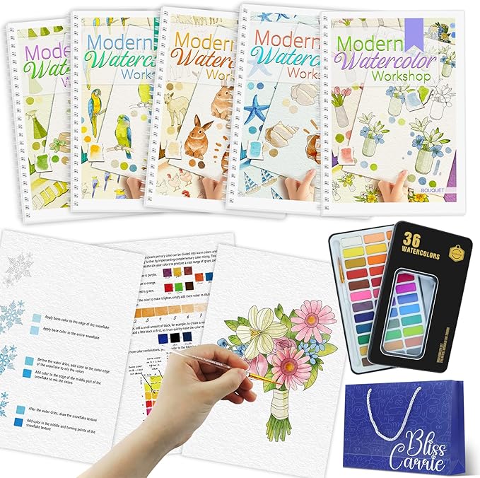 5Pcs Watercolor Workbooks with Step by Step for Adults, Water Coloring Book for Beginners with 60 Patterns, Beginner-Friendly Watercolor Workbooks with 36 Paint Colors, Stress - Relieving Gift