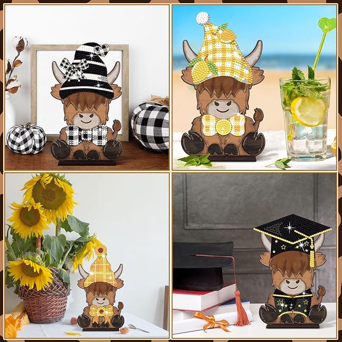 DoubleFill 42 Pcs Easter Diamond Kits St Patricks Day Interchangeable Wooden Table Decorations DIY Holiday Easter Party Seasonal Tiered Tray Art Decor Diamond Painting Magnets(Highland Cow)