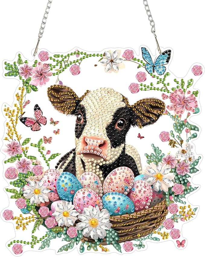KEYIFA Cow Hanging Diamond Art Painting Kits for Adults and Kids Age 8-12, 5D Special Shape Diamond Dots Kit Easter Egg, Crystal Gem Painting Art Crafts for Window, Wall, Door, Garden Decor