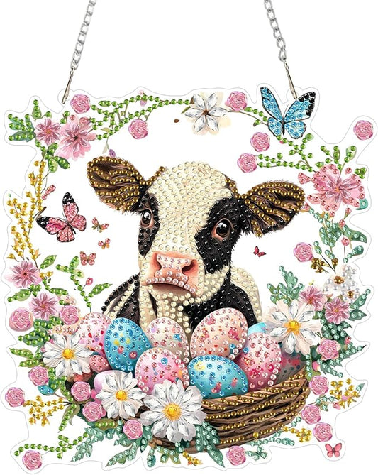 KEYIFA Cow Hanging Diamond Art Painting Kits for Adults and Kids Age 8-12, 5D Special Shape Diamond Dots Kit Easter Egg, Crystal Gem Painting Art Crafts for Window, Wall, Door, Garden Decor