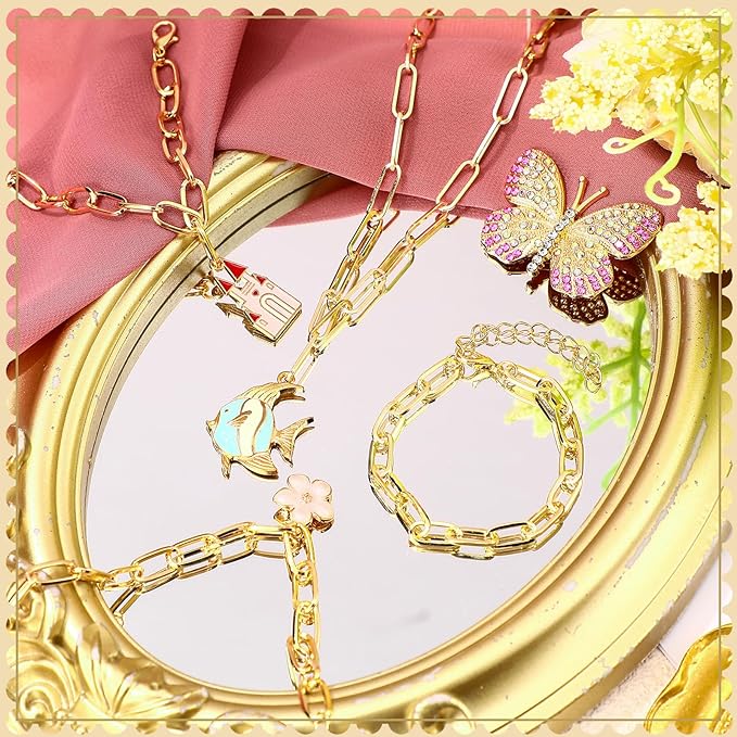 Landical 20 Pcs Charm Necklace Bracelets Making Kit Paperclip Chain Valentines DIY Jewelry Making Supplies Paperclip Link Necklaces with Lobster Clasps for Women Men Bulk Gifts(Gold,24 Inches)