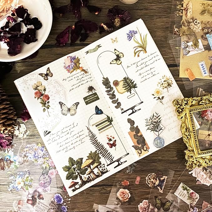 495pcs Vintage Junk Journal Stickers, Flowers Plants Butterfly Stickers for Scrapbook Supplies, Transparent Sticker for DIY Craft, Planners, Journal, Notebook, Laptop, Cell Phone, Calendars, Wedding