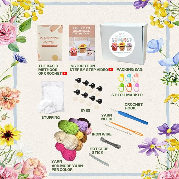 Samesuit Crochet kit for Beginners with Step-by-Step Video Tutorials,Basic Stitch tutorials Video,More Color Yarn,Plants Family(40%+ Yarn)